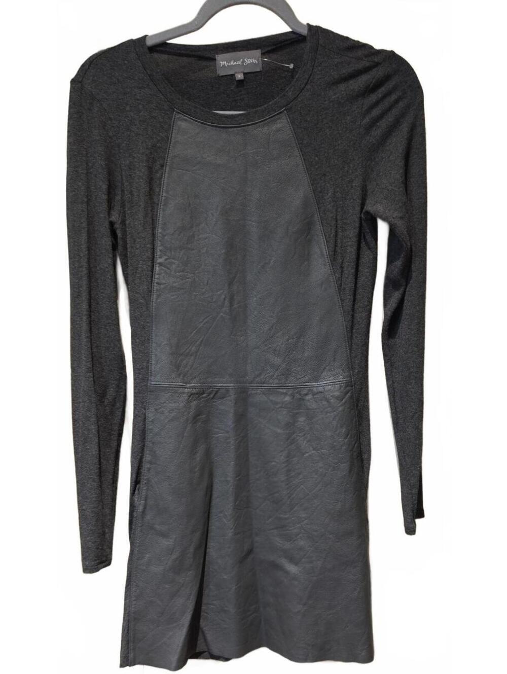 Michael Stars Small Shantelle Leather Mix Long Sleeve A Line Mini Dress in Gray